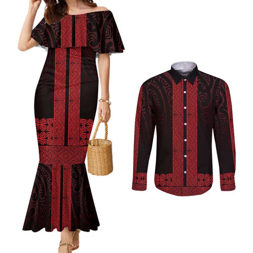New Zealand Maori Kowhaiwhai Couples Matching Mermaid Dress and Long Sleeve Button Shirt Whero Maui and Mangopare
