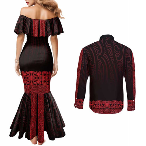 New Zealand Maori Kowhaiwhai Couples Matching Mermaid Dress and Long Sleeve Button Shirt Whero Maui and Mangopare