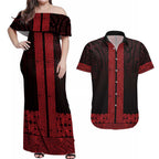 New Zealand Maori Kowhaiwhai Couples Matching Off Shoulder Maxi Dress and Hawaiian Shirt Whero Maui and Mangopare