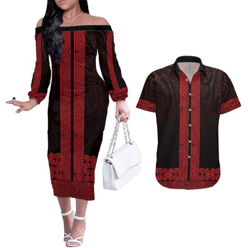 New Zealand Maori Kowhaiwhai Couples Matching Off The Shoulder Long Sleeve Dress and Hawaiian Shirt Whero Maui and Mangopare