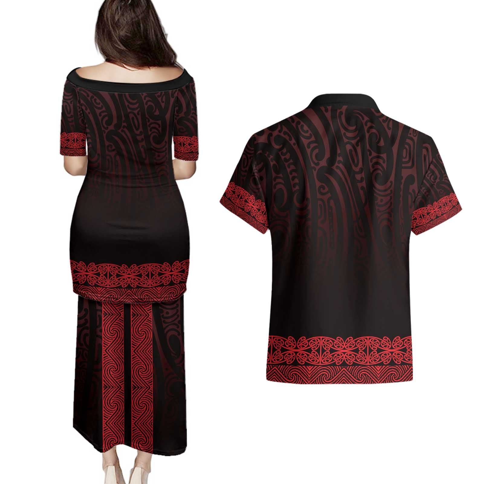 New Zealand Maori Kowhaiwhai Couples Matching Puletasi and Hawaiian Shirt Whero Maui and Mangopare