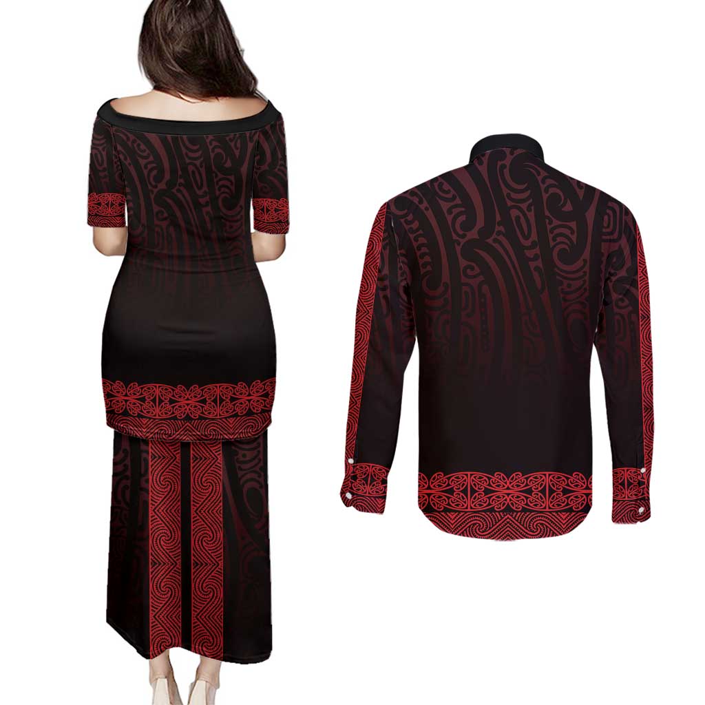 New Zealand Maori Kowhaiwhai Couples Matching Puletasi and Long Sleeve Button Shirt Whero Maui and Mangopare