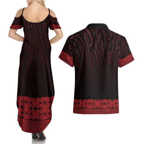 New Zealand Maori Kowhaiwhai Couples Matching Summer Maxi Dress and Hawaiian Shirt Whero Maui and Mangopare