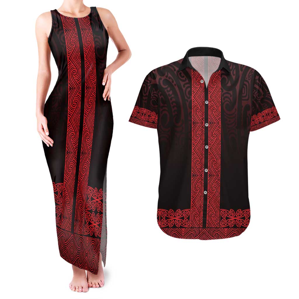New Zealand Maori Kowhaiwhai Couples Matching Tank Maxi Dress and Hawaiian Shirt Whero Maui and Mangopare