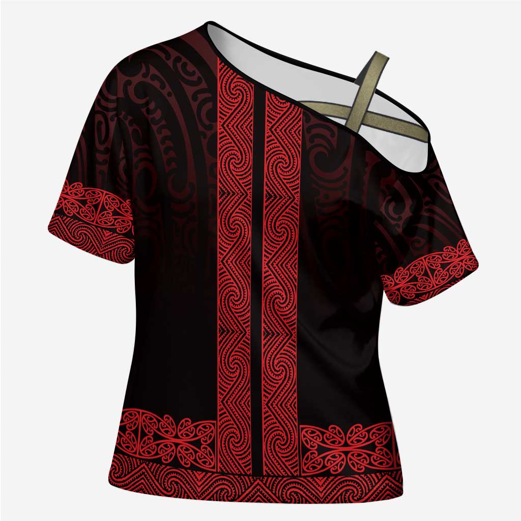 New Zealand Maori Kowhaiwhai Cross Shoulder Shirt Whero Maui and Mangopare - Aussie Hoodie