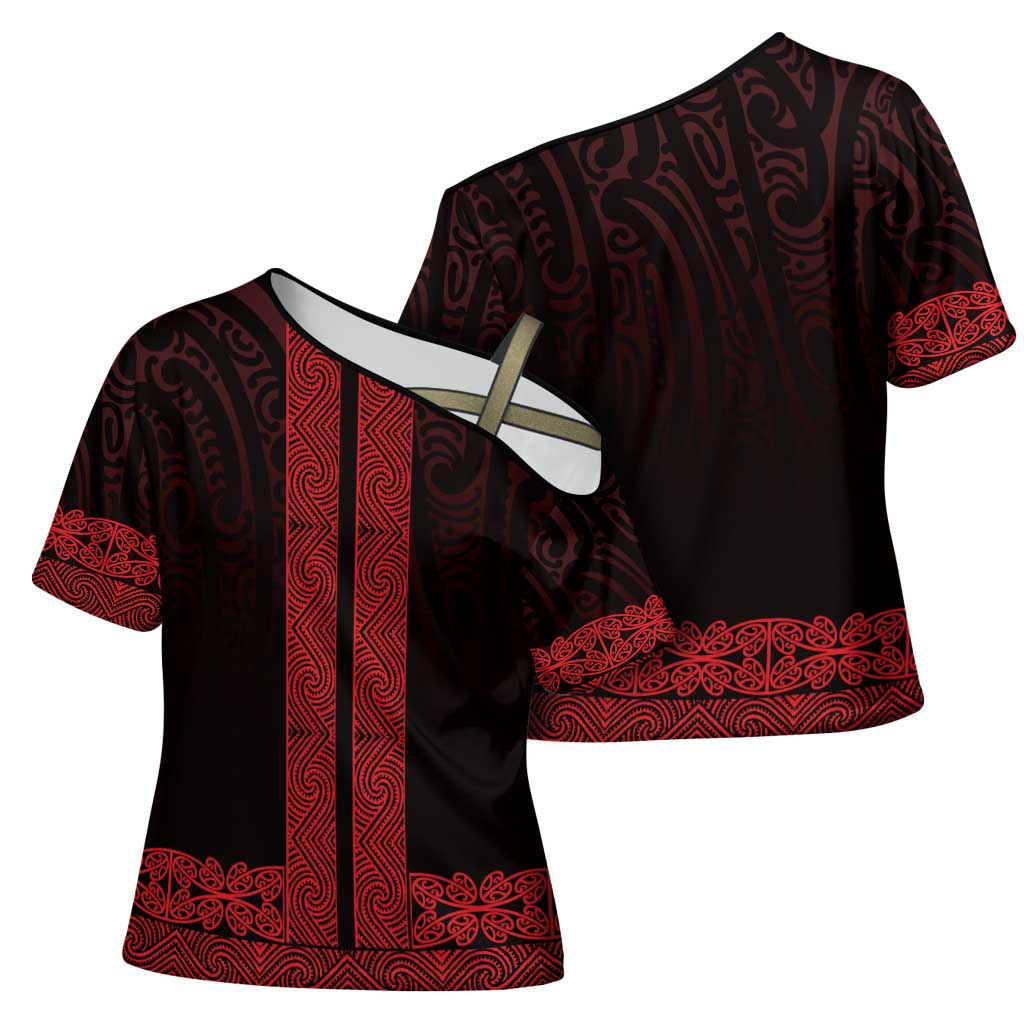 New Zealand Maori Kowhaiwhai Cross Shoulder Shirt Whero Maui and Mangopare - Aussie Hoodie