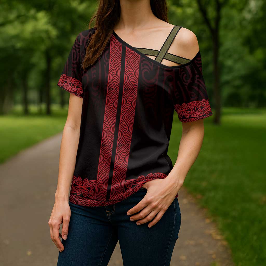 New Zealand Maori Kowhaiwhai Cross Shoulder Shirt Whero Maui and Mangopare - Aussie Hoodie