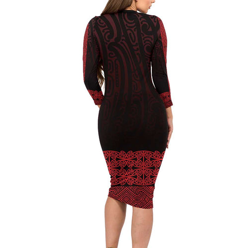 New Zealand Maori Kowhaiwhai Family Matching Long Sleeve Bodycon Dress and Hawaiian Shirt Whero Maui and Mangopare