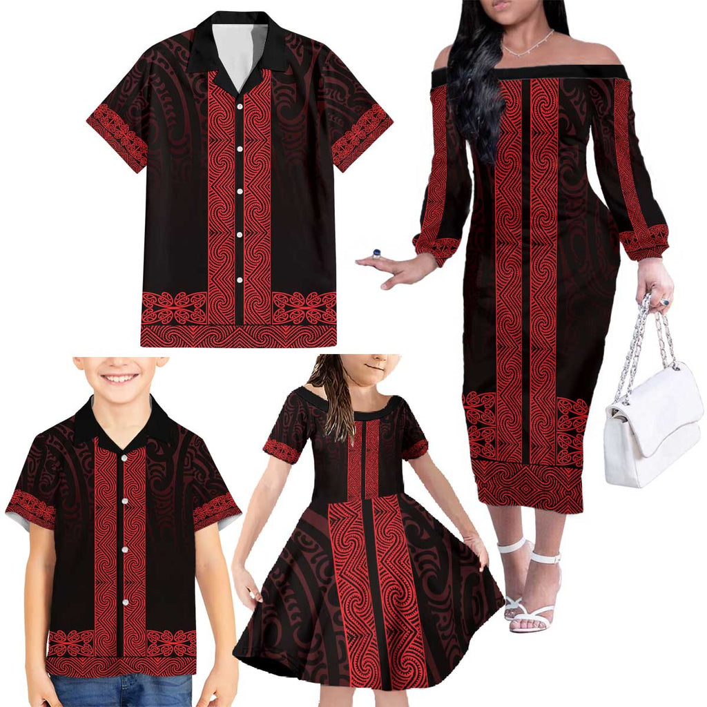 New Zealand Maori Kowhaiwhai Family Matching Off The Shoulder Long Sleeve Dress and Hawaiian Shirt Whero Maui and Mangopare