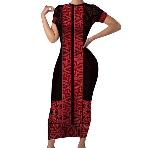 New Zealand Maori Kowhaiwhai Family Matching Short Sleeve Bodycon Dress and Hawaiian Shirt Whero Maui and Mangopare