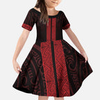 New Zealand Maori Kowhaiwhai Kid Short Sleeve Dress Whero Maui and Mangopare