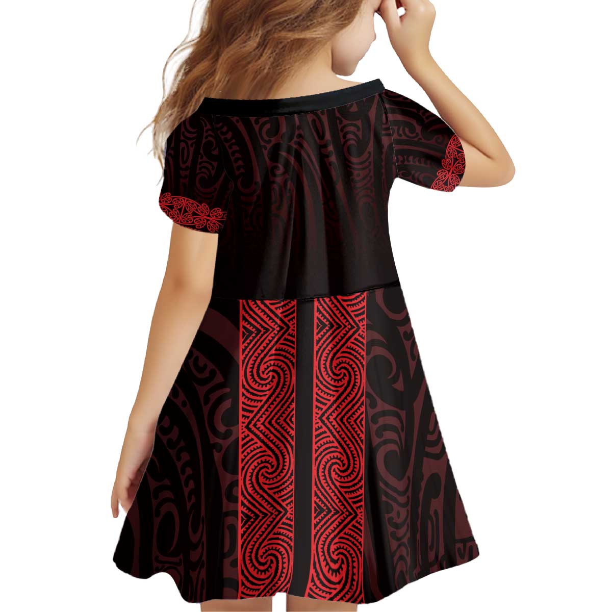 New Zealand Maori Kowhaiwhai Kid Short Sleeve Dress Whero Maui and Mangopare
