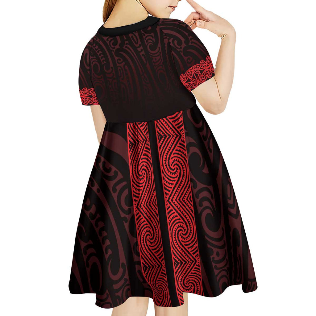 New Zealand Maori Kowhaiwhai Kid Short Sleeve Dress Whero Maui and Mangopare