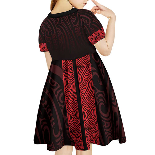 New Zealand Maori Kowhaiwhai Kid Short Sleeve Dress Whero Maui and Mangopare