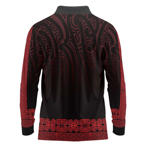 New Zealand Maori Kowhaiwhai Long Sleeve Polo Shirt Whero Maui and Mangopare