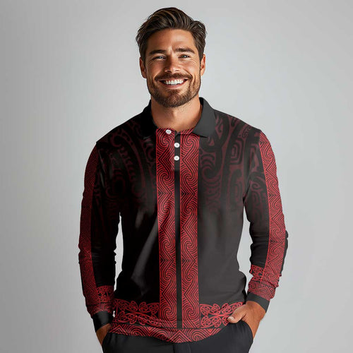 New Zealand Maori Kowhaiwhai Long Sleeve Polo Shirt Whero Maui and Mangopare