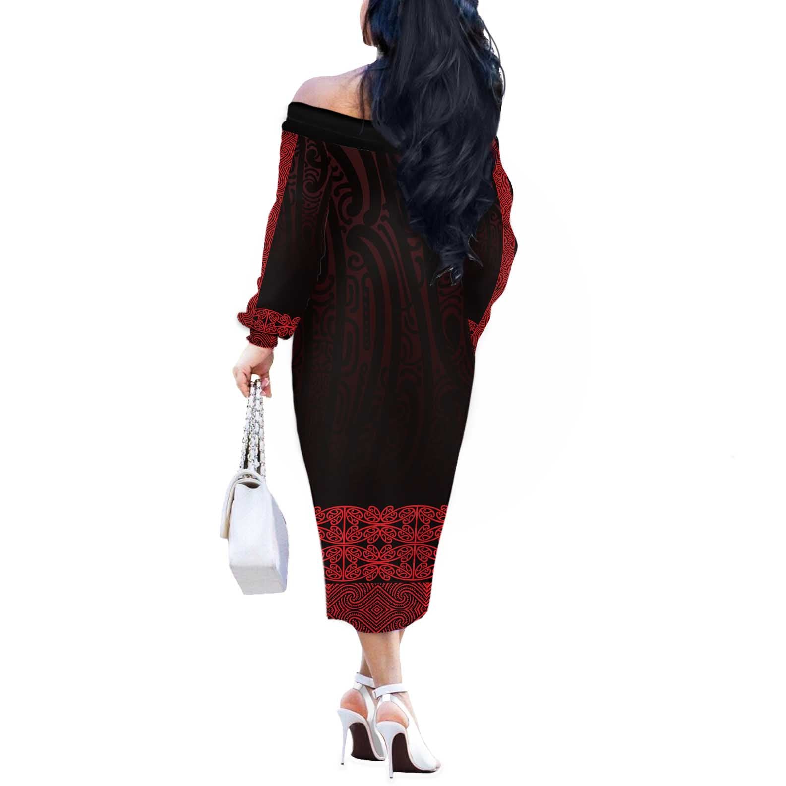 New Zealand Maori Kowhaiwhai Off The Shoulder Long Sleeve Dress Whero Maui and Mangopare