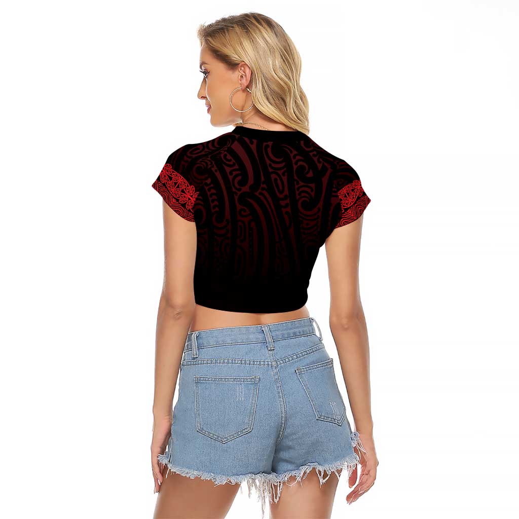 New Zealand Maori Kowhaiwhai Raglan Cropped T Shirt Whero Maui and Mangopare