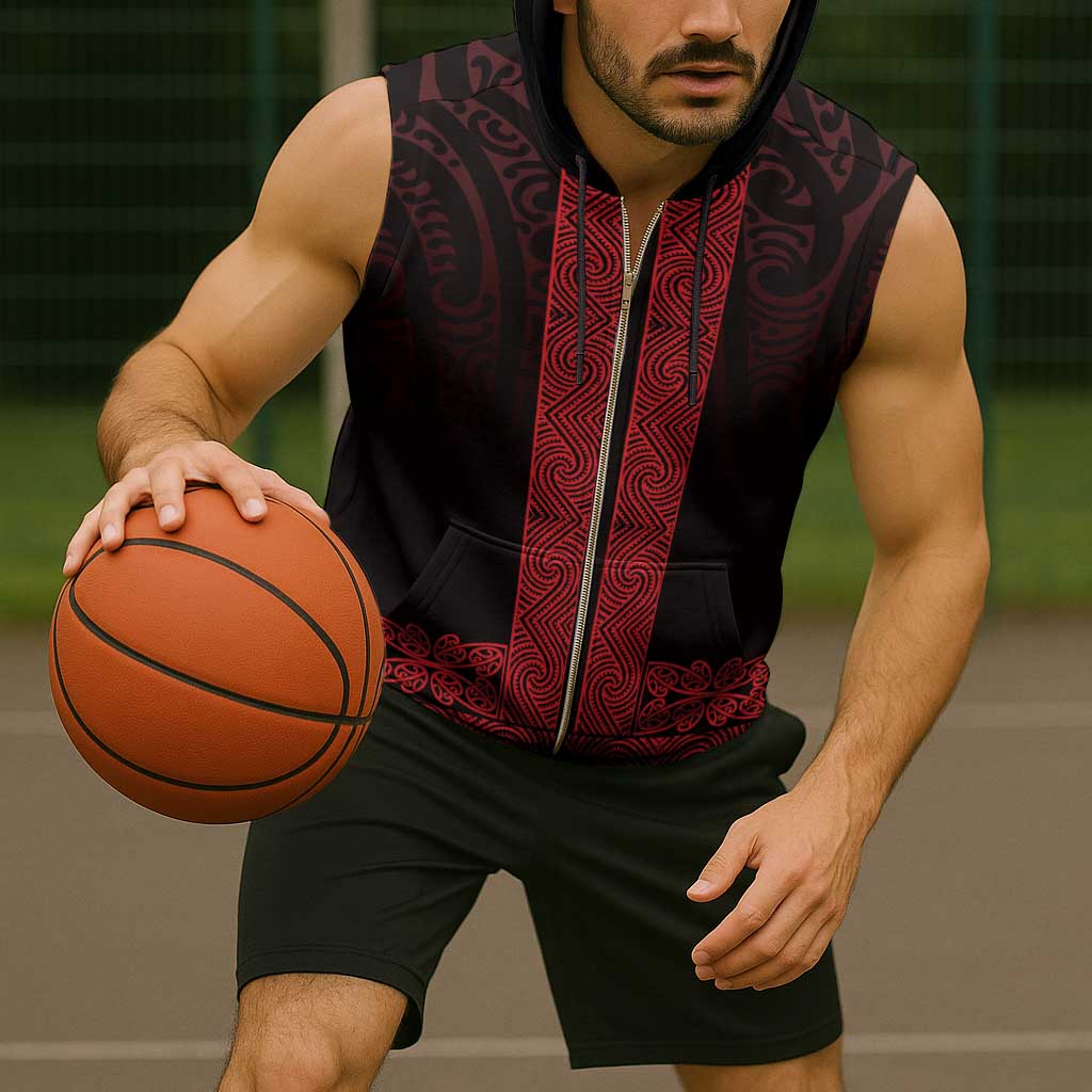 New Zealand Maori Kowhaiwhai Sleeveless Zip Hoodie Whero Maui and Mangopare - Aussie Hoodie