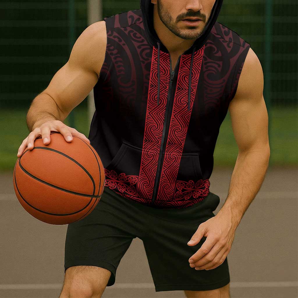 New Zealand Maori Kowhaiwhai Sleeveless Zip Hoodie Whero Maui and Mangopare LT9