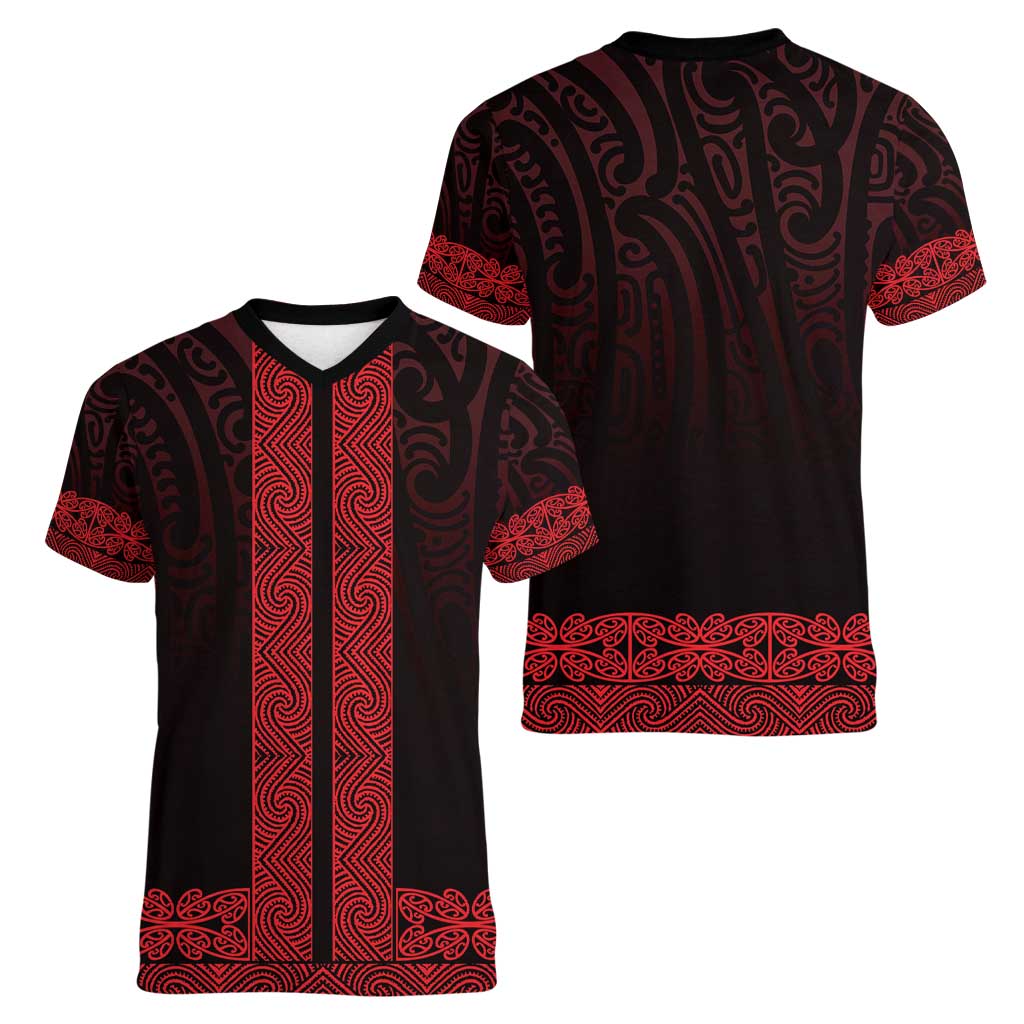 New Zealand Maori Kowhaiwhai Women V-Neck T-Shirt Whero Maui and Mangopare