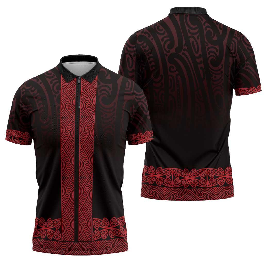 New Zealand Maori Kowhaiwhai Zipper Polo Shirt Whero Maui and Mangopare - Aussie Hoodie