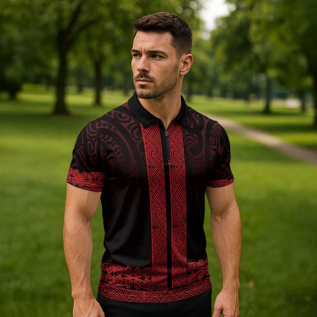 New Zealand Maori Kowhaiwhai Zipper Polo Shirt Whero Maui and Mangopare - Aussie Hoodie