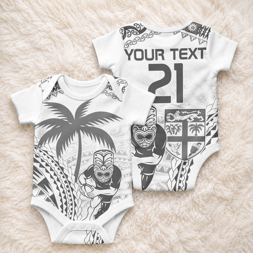 Custom Fiji Black Fern Baby Onesie Maori Warrior with Fijian Masi Pattern