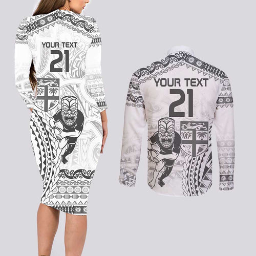 Custom Fiji Black Fern Couples Matching Long Sleeve Bodycon Dress and Long Sleeve Button Shirt Maori Warroir with Fijian Masi Pattern