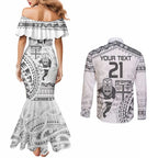 Custom Fiji Black Fern Couples Matching Mermaid Dress and Long Sleeve Button Shirt Maori Warroir with Fijian Masi Pattern