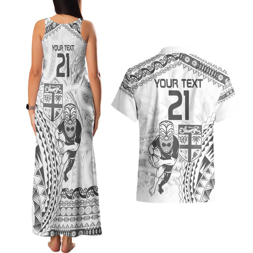Custom Fiji Black Fern Couples Matching Tank Maxi Dress and Hawaiian Shirt Maori Warroir with Fijian Masi Pattern