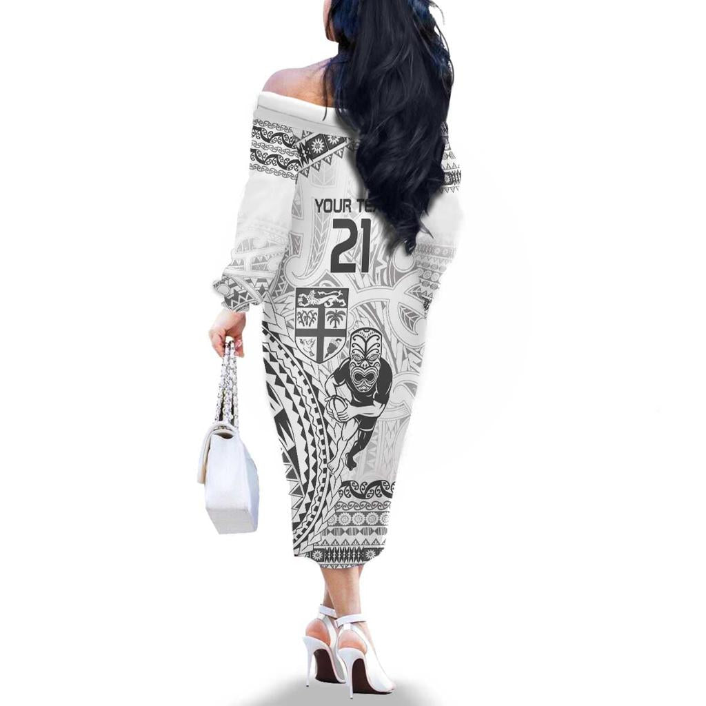 Custom Fiji Black Fern Family Matching Off The Shoulder Long Sleeve Dress and Hawaiian Shirt Maori Warroir with Fijian Masi Pattern