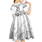 Custom Fiji Black Fern Kid Short Sleeve Dress Maori Warroir with Fijian Masi Pattern
