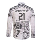 Custom Fiji Black Fern Long Sleeve Button Shirt Maori Warroir with Fijian Masi Pattern