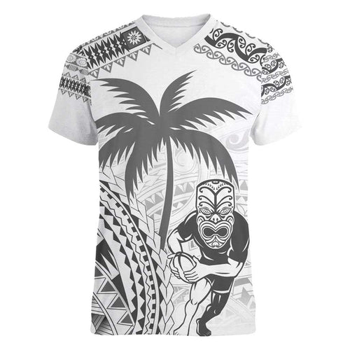 Custom Fiji Black Fern Women V-Neck T-Shirt Maori Warroir with Fijian Masi Pattern