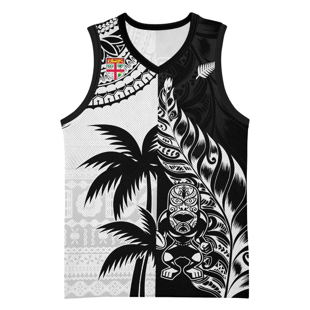 Fiji New Zealand Rugby Personalised Basketball Jersey Maori and Tapa Pattern - Aussie Hoodie
