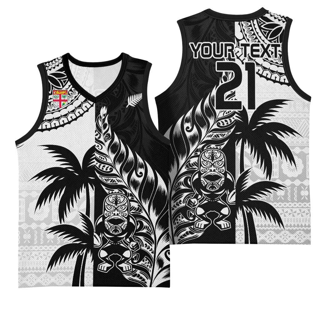 Fiji New Zealand Rugby Personalised Basketball Jersey Maori and Tapa Pattern - Aussie Hoodie