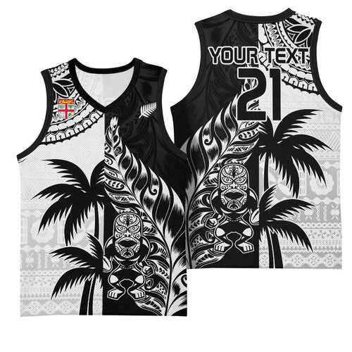 Fiji New Zealand Rugby Personalised Basketball Jersey Maori and Tapa Pattern - Aussie Hoodie