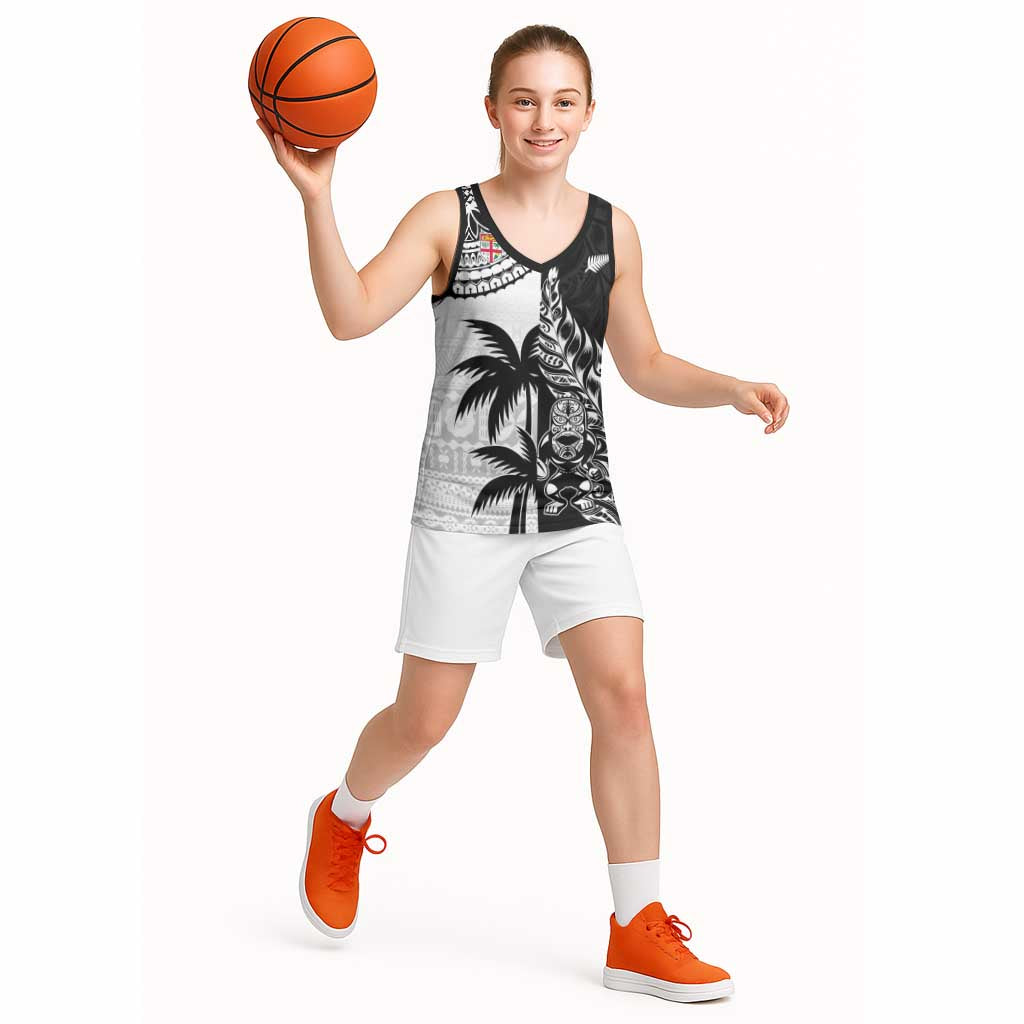 Fiji New Zealand Rugby Personalised Basketball Jersey Maori and Tapa Pattern - Aussie Hoodie