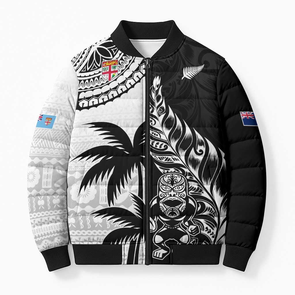 Fiji New Zealand Rugby Personalised Bomber Puffer Jacket Maori and Tapa Pattern - Aussie Hoodie