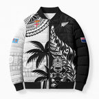Fiji New Zealand Rugby Personalised Bomber Puffer Jacket Maori and Tapa Pattern - Aussie Hoodie