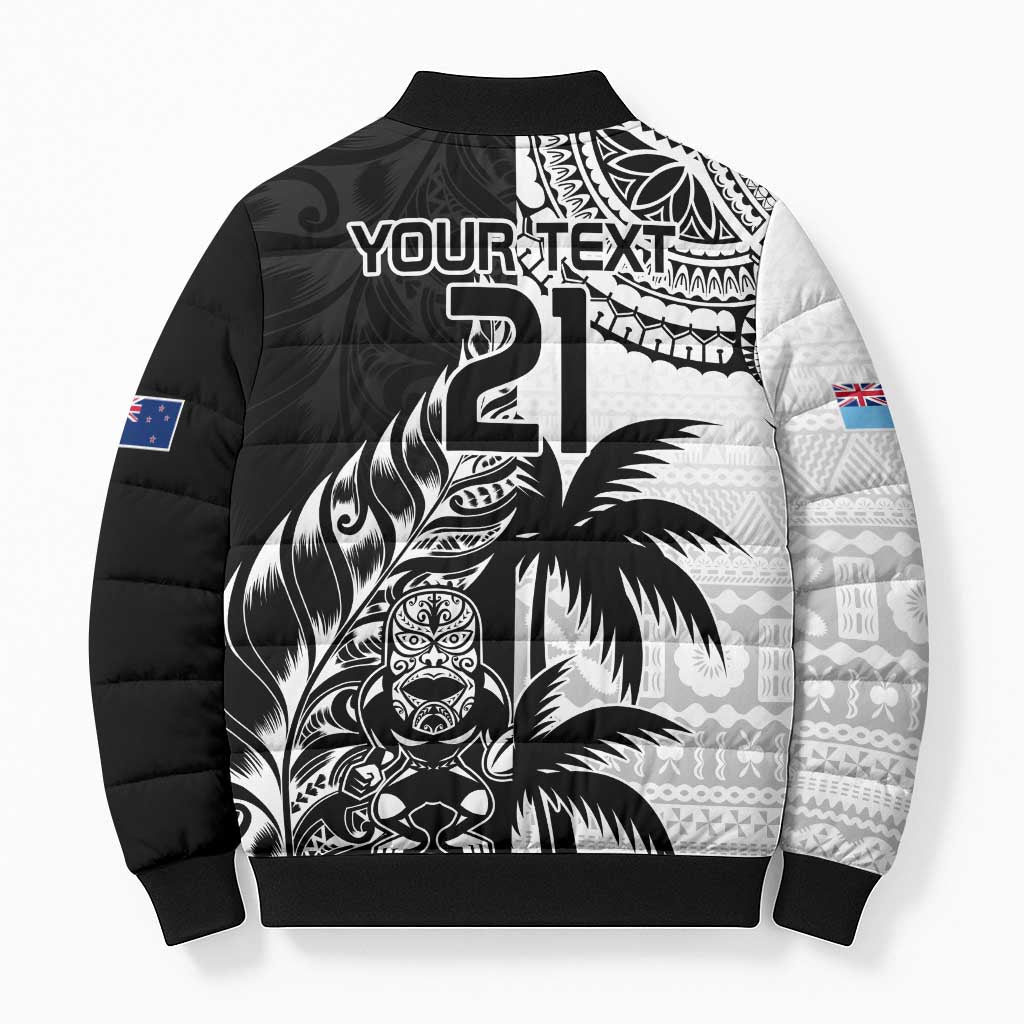 Fiji New Zealand Rugby Personalised Bomber Puffer Jacket Maori and Tapa Pattern - Aussie Hoodie