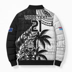 Fiji New Zealand Rugby Personalised Bomber Puffer Jacket Maori and Tapa Pattern - Aussie Hoodie
