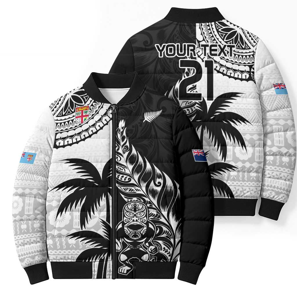 Fiji New Zealand Rugby Personalised Bomber Puffer Jacket Maori and Tapa Pattern - Aussie Hoodie