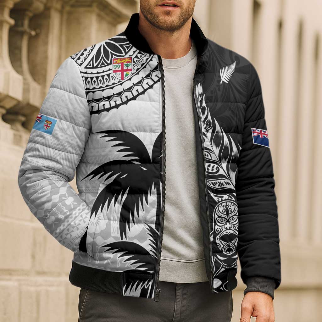 Fiji New Zealand Rugby Personalised Bomber Puffer Jacket Maori and Tapa Pattern - Aussie Hoodie