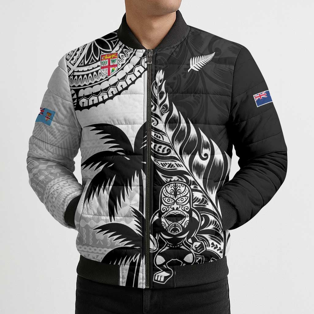 Fiji New Zealand Rugby Personalised Bomber Puffer Jacket Maori and Tapa Pattern - Aussie Hoodie