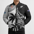 Fiji New Zealand Rugby Personalised Bomber Puffer Jacket Maori and Tapa Pattern - Aussie Hoodie
