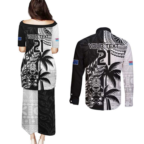 Custom Fiji New Zealand Couples Matching Puletasi and Long Sleeve Button Shirt Maori mix Tapa Pattern Version