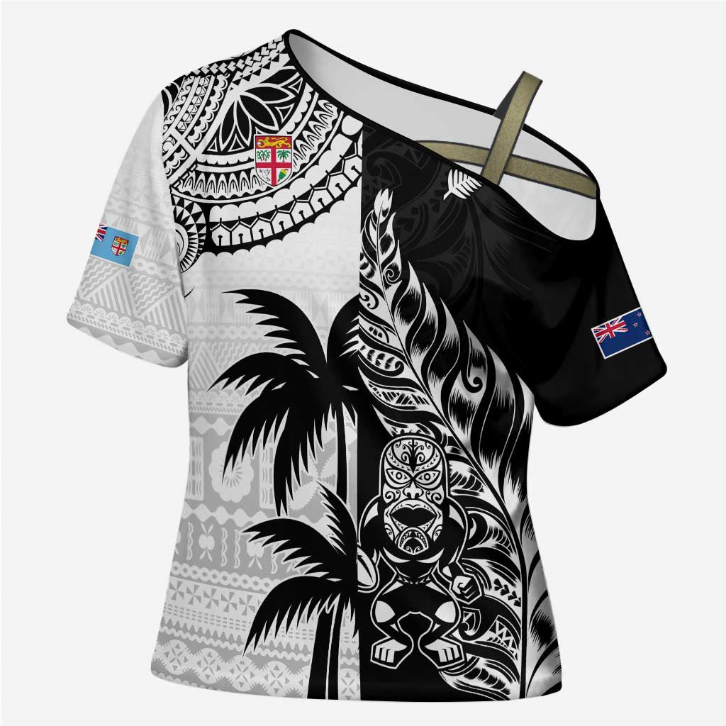 Fiji New Zealand Rugby Personalised Cross Shoulder Shirt Maori and Tapa Pattern - Aussie Hoodie