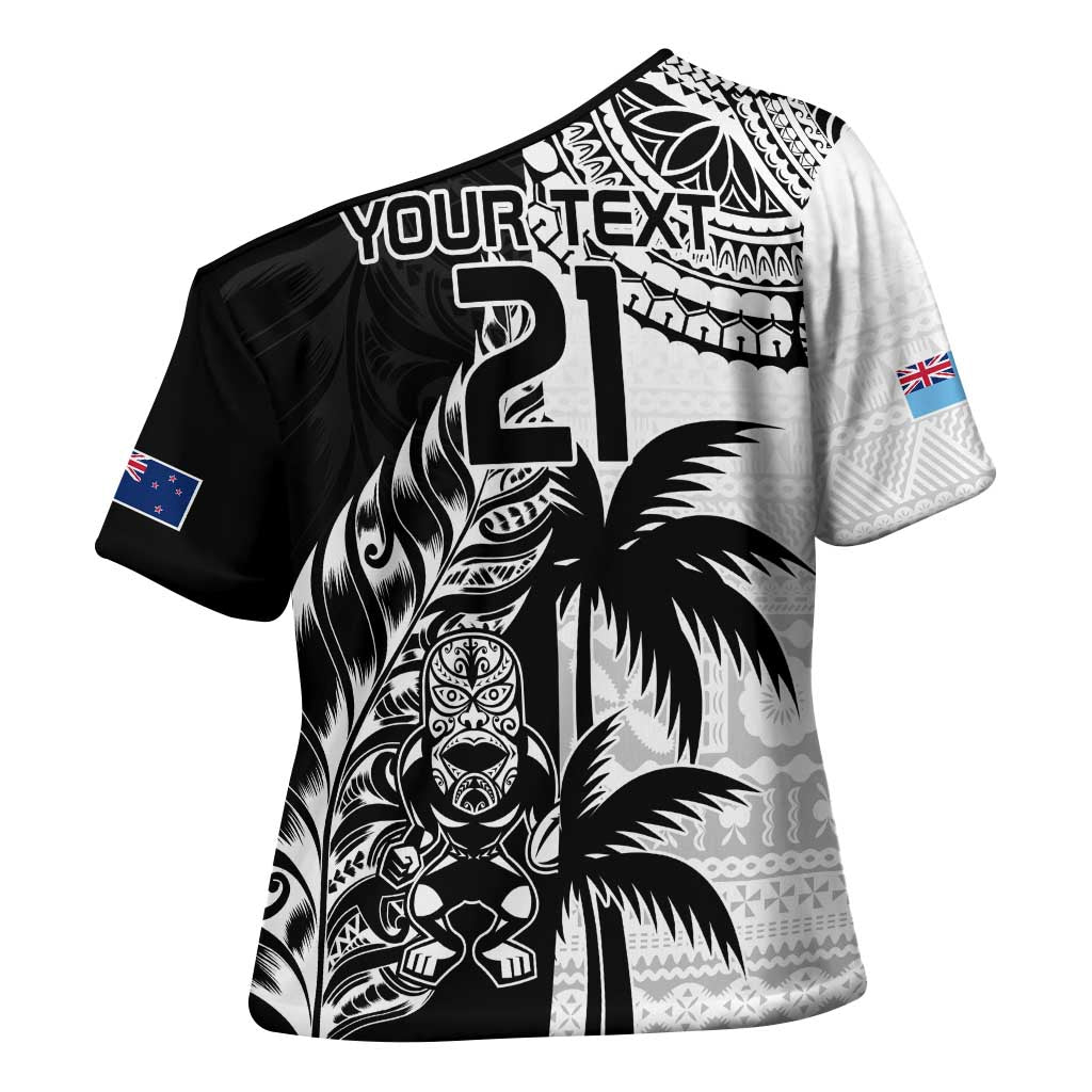 Fiji New Zealand Rugby Personalised Cross Shoulder Shirt Maori and Tapa Pattern - Aussie Hoodie